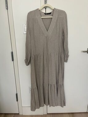 Zara Neutral Grey V-Neck Tiered Maxi Dress